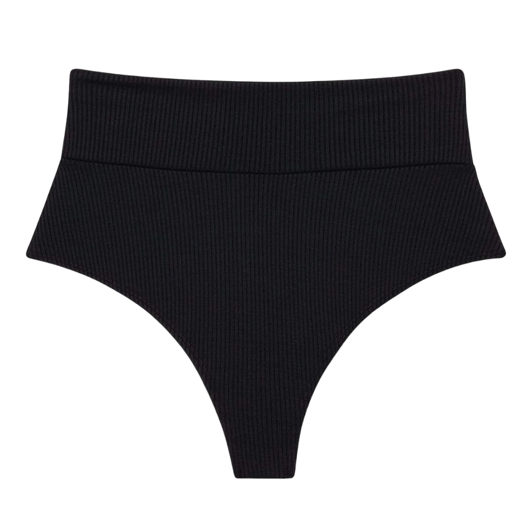 Black Rib Added Coverage High Rise Bikini Bottom