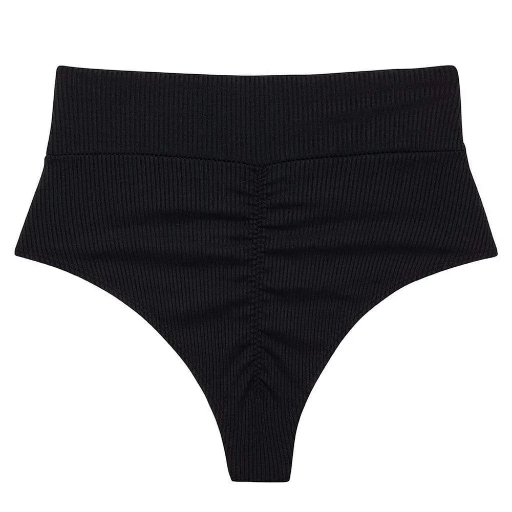 Black Rib Added Coverage High Rise Bikini Bottom